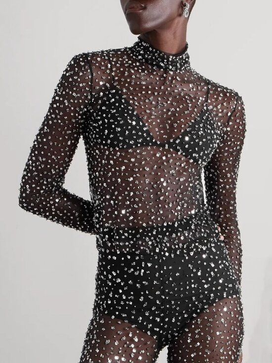 Isabel Marant Tops - Isabel Marant Todiz Crystal Embellished Tulle Top Silver Black Size T1 US 4 NWT